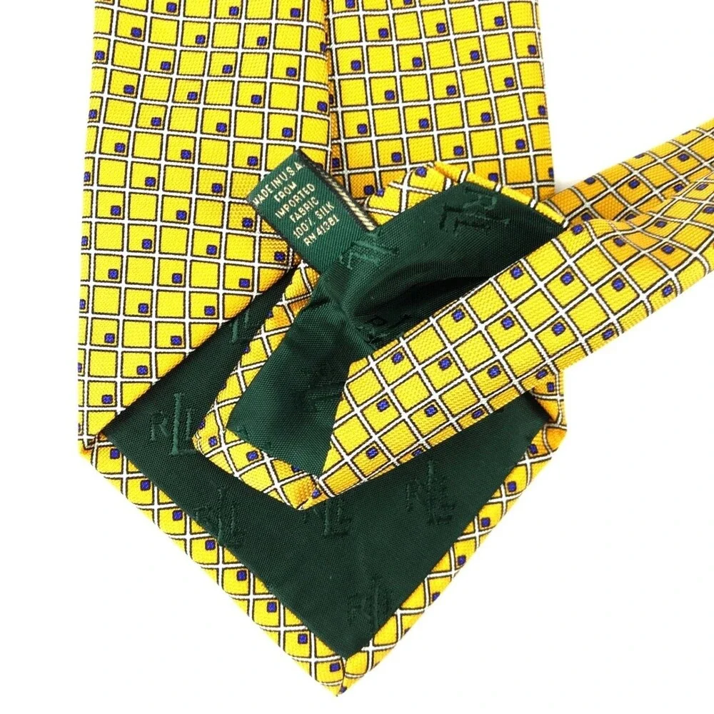 Ralph Lauren Yellow White Blue Squares Elegant 100% Silk Men's Tie Necktie 57